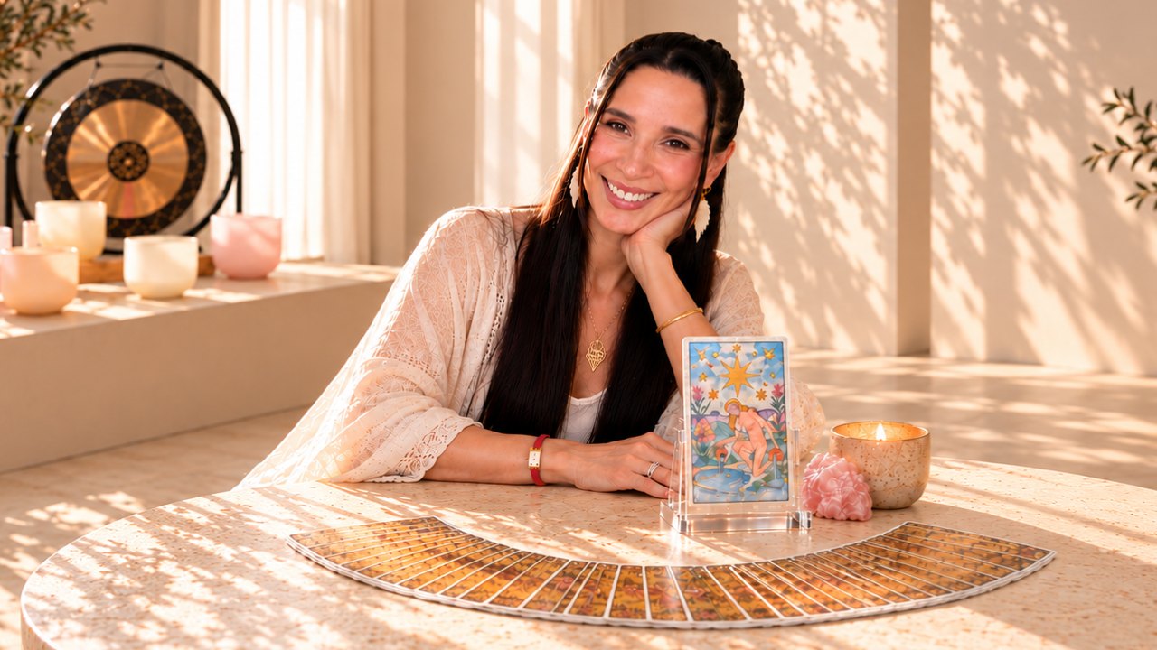 Debora smiling at a sunlit table with The Star tarot card in a holder and a tarot deck fanned out in front of her, a gong and crystal bowls behind her