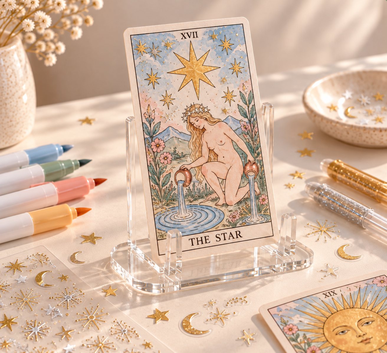 A hand-coloured tarot card, The Star, standing in a clear holder among markers and gold star stickers