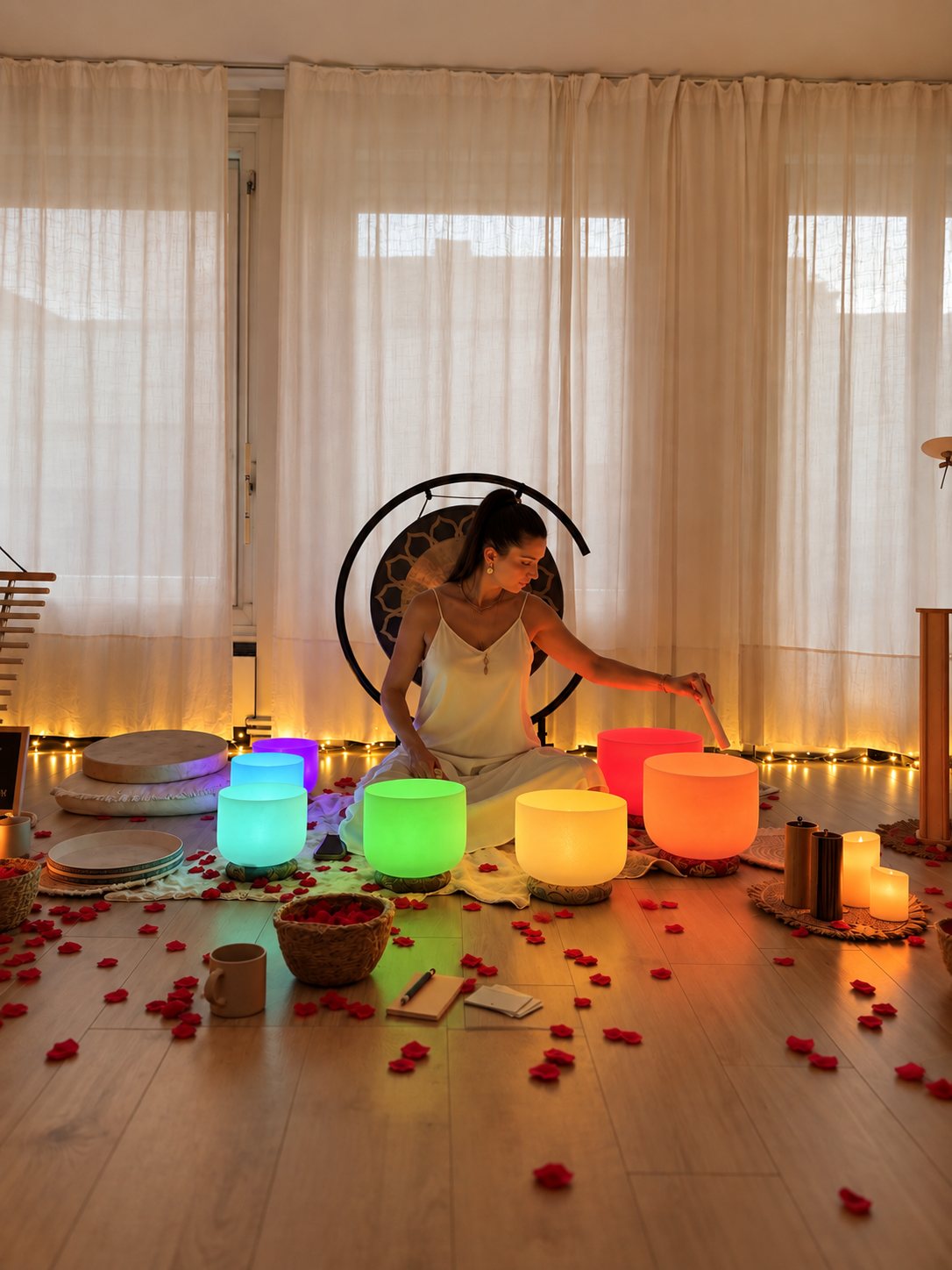 Debora playing crystal singing bowls in front of a gong, with candles and rose petals around her