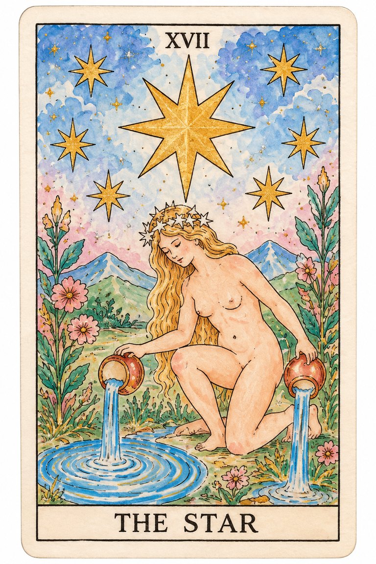 A hand-coloured tarot card, The Star